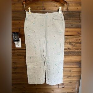 Talbots vintage Irish linen wide leg floral embroidered pants size- see pics